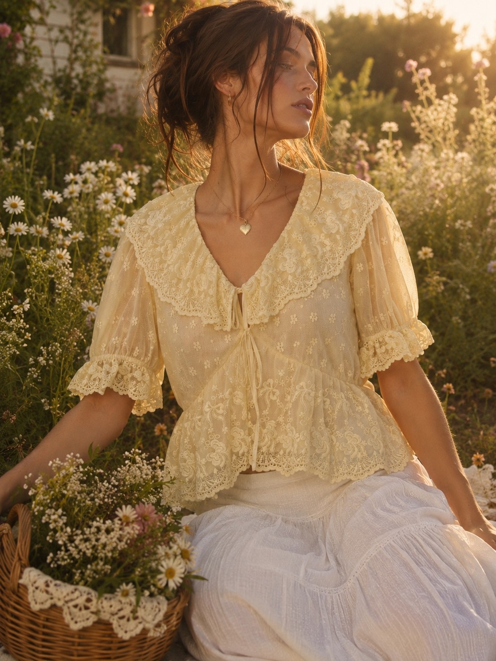 Altar'd State Butter Yellow Lace-Trim Sheer Blouse - Picture 3 of 8